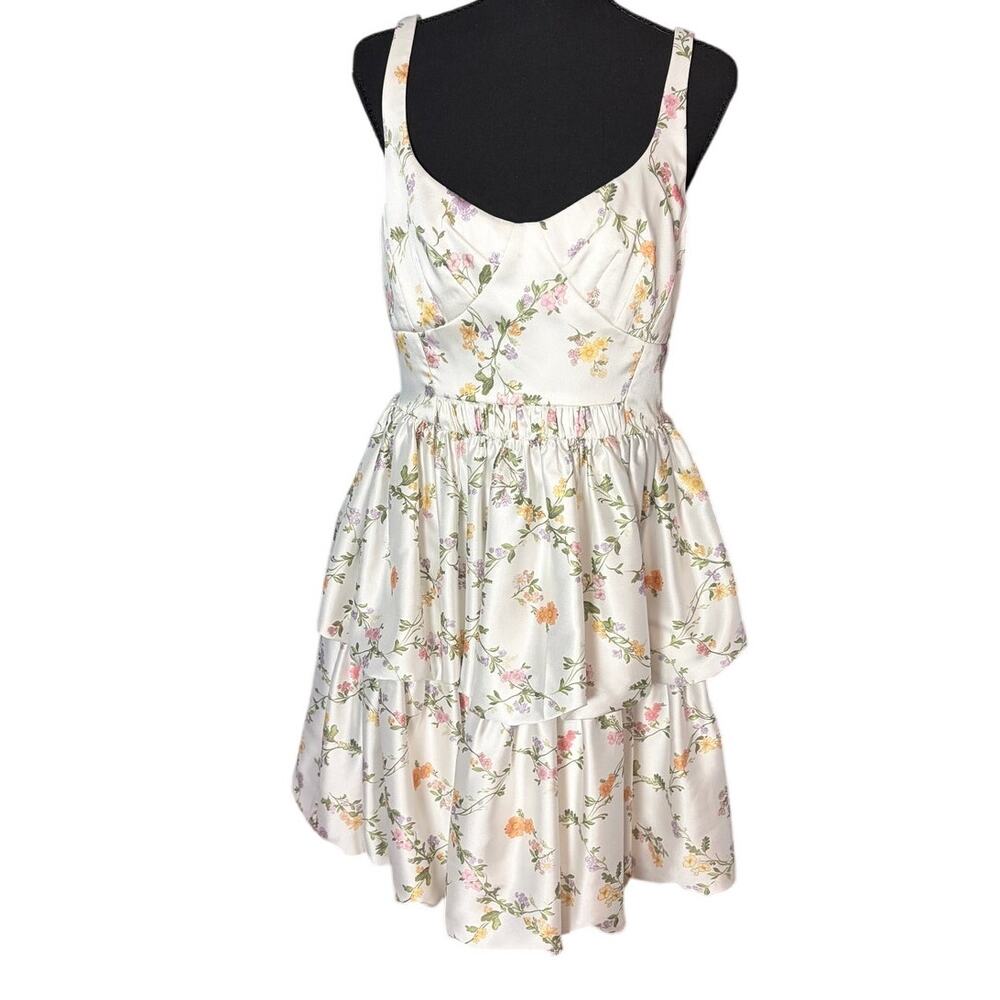 Antonio Melani Floral Satin Fit & Flare Dress Tiered Garden Party 6 Cottagecore - Picture 2 of 6